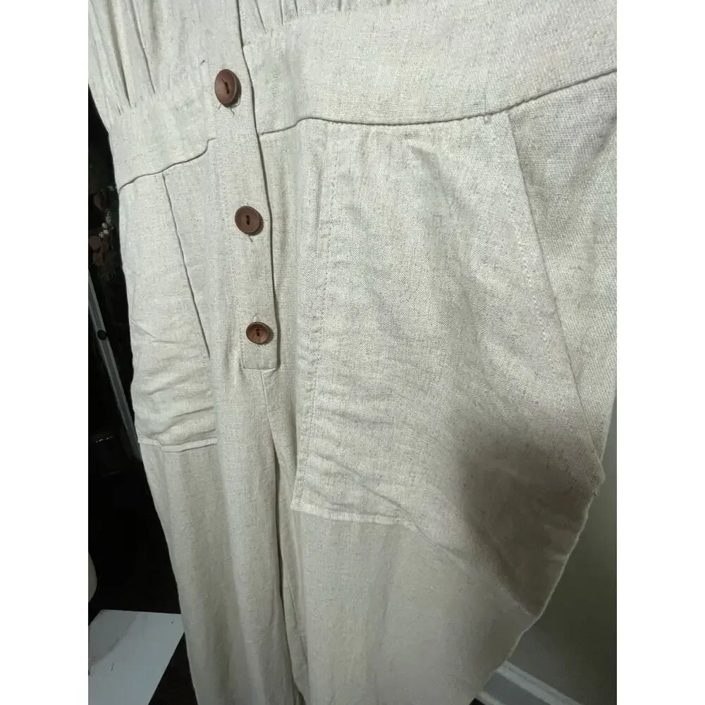 Zara Button Front One Piece Linen Jumpsuit Khacki Size Large